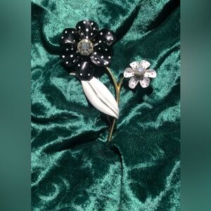 Vintage Avon Spectator Black White Polka Dot Rhinestone Flower Brooch Pin